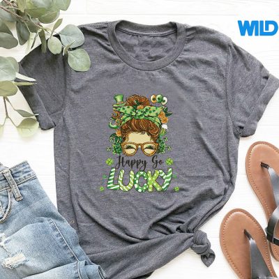 HappyGoLuckyMessyBunShamrockStPatricksDaytshirt