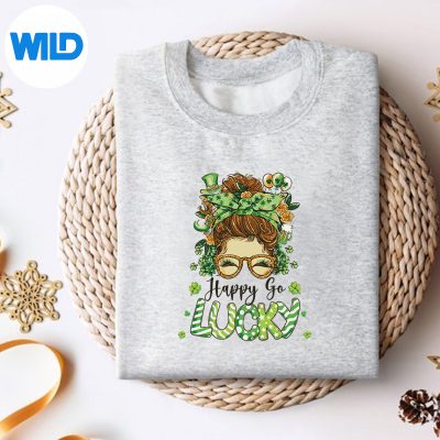 HappyGoLuckyMessyBunShamrockStPatricksDaysweater