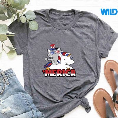 CatRidingUnicorn4thOfJulyMericaKittenPatriotictshirt