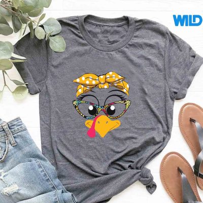 ThanksgivingCuteTurkeyFaceColorfulFloralSunglassestshirt