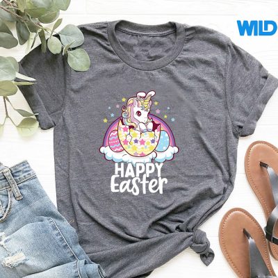 HappyEasterUnicornBunnyGirlsEasterEggsRainbowtshirt