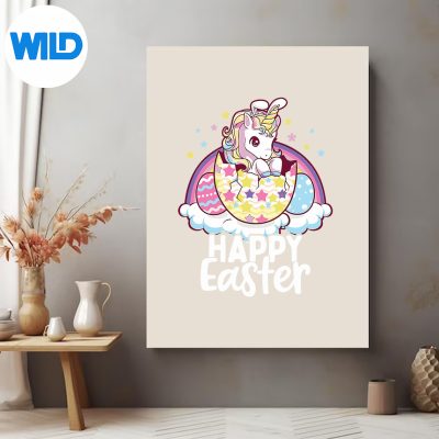 HappyEasterUnicornBunnyGirlsEasterEggsRainbowposter