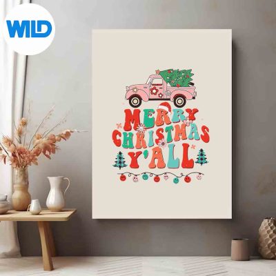 MerryChristmasYallSantaRetroRedTruckPajamasGroovyposter