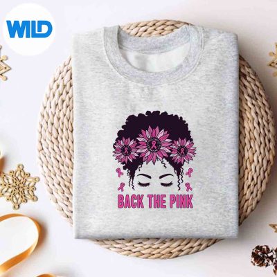 BackThePinkBreastCancerAwarenessMessyBunPinkRibbonsweater