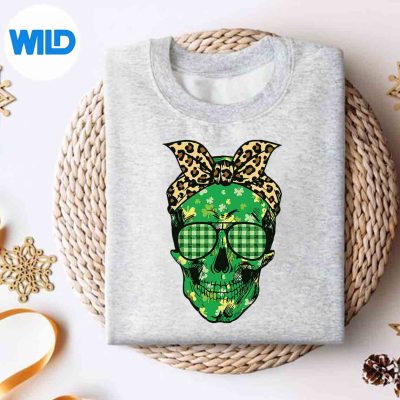 SugarSkullShamrockWithLeopardTurbanStPatricksDayHappyFunnysweater