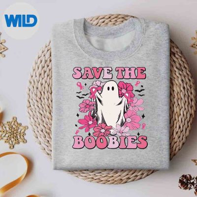 SaveTheBoobiesPinkGhostWomanBreastCancerHalloweensweater
