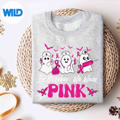 Alternative view of Breast Cancer Halloween In October We Wear Pink Ghost Nurse SVG PNG Digital Design