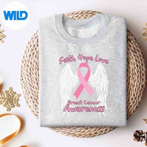 Alternative view of Faith Hope Love Breast Cancer Awareness Wings Pink Ribbon SVG PNG Download