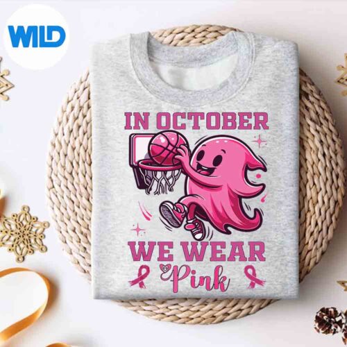 Alternative view of Breast Cancer Awareness Ghost Basketball Slam Dunk Halloween SVG PNG Digital Design