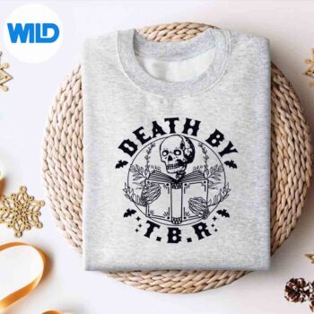 DeathByTbrToBeReadSkeletonReadingBookBookishsweater