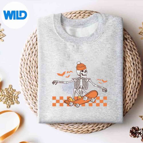 Alternative view of Vintage Retro Skateboarder Skateboarding Skeletons Halloween Vector Design