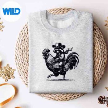 RaccoonWithCowHatBootsRidingRoosterVintageSmallGreysweater