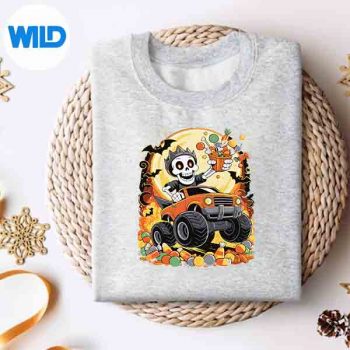 SkeletonMonsterTruckHalloweenPumpkinMoonsweater