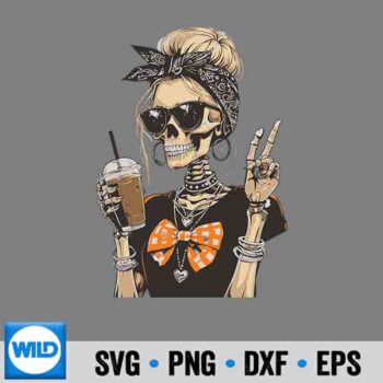 Coffee Skeleton SVG, Skeleton Girl Drinking Coffee Peace Sign SVG